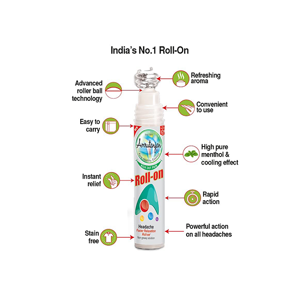Pack De 5 Roll-on Amrutanjan - 5 Ml Chacun, Pour Maux De Tête Et Congestion Nasale, Ingrédients Naturels